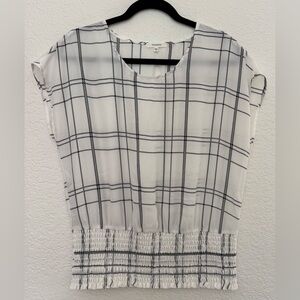 Pleione Smocked Waist Black and White Plaid Pattern Blouse Size M